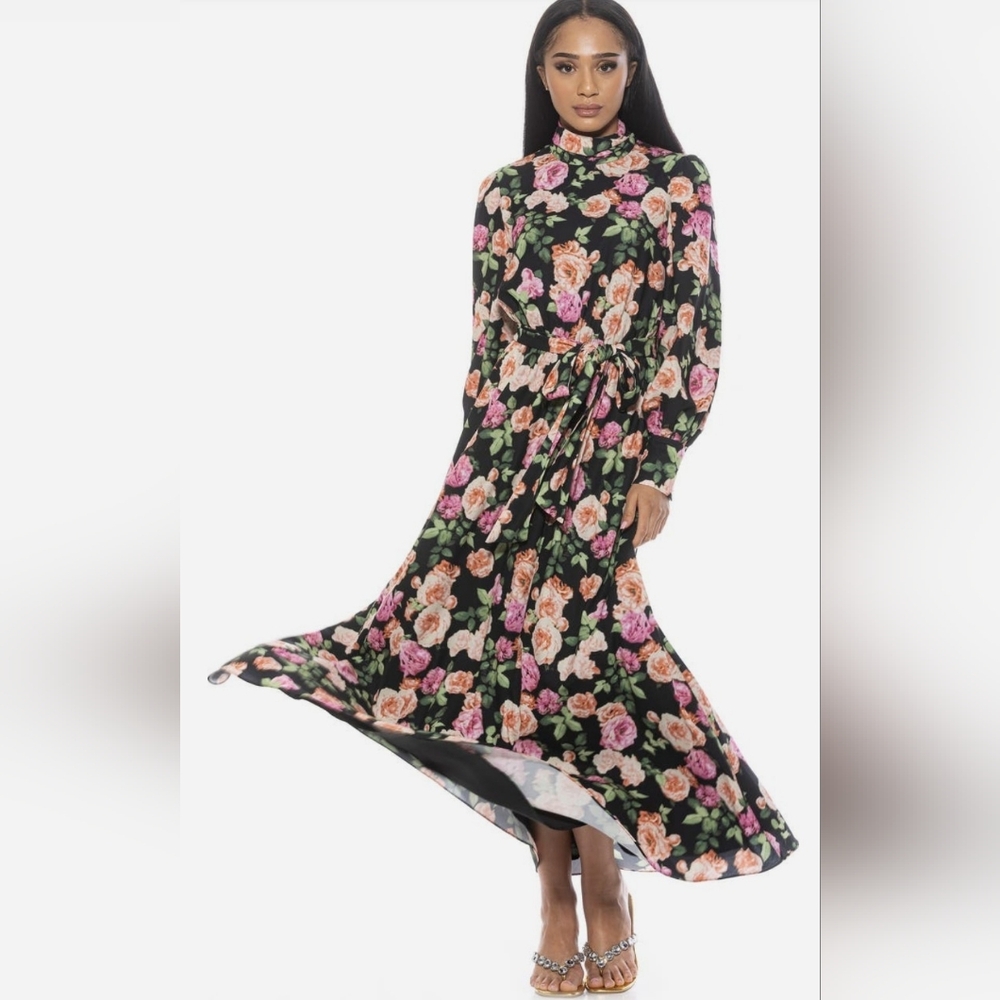 Alexia Admor Black Maxi Dress with Pink & Peach Floral Print